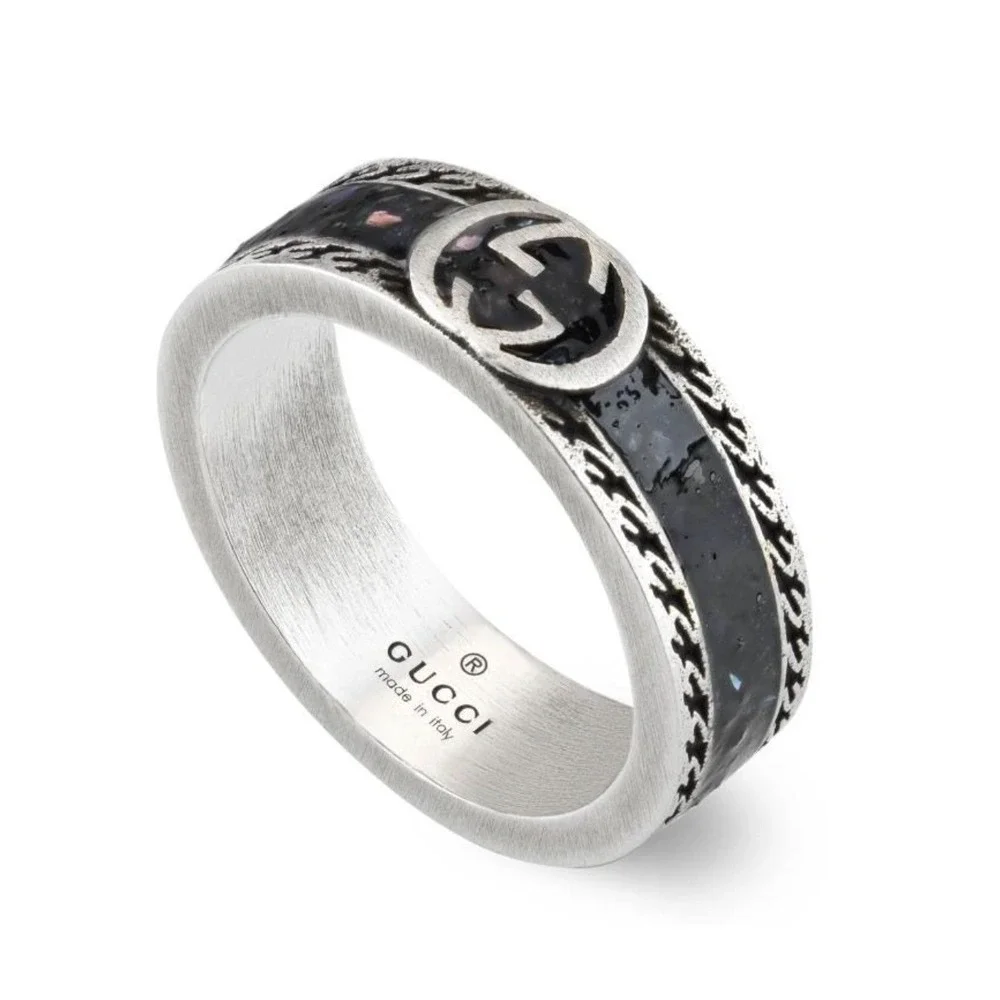 Gucci Interlocking GG 745573 Black Resin Sterling Silver 925 Ring Size 20 US 9